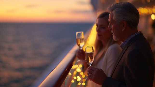 Senior couple celebrating new year on a luxury cruise ship toasting with champagne glasses at sunset with ocean view and festive lights creating a romantic and elegant holiday atmosphere. - Powered by Adobe
