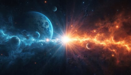 Obraz premium Two cosmic nebulae, one blue and one orange, meet in space. Planets orbit near glowing starburst. Deep cosmos scene with stars, moon, and galaxies.