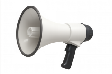 White megaphone amplifying voice and communicating message, transmitting information and making announcement on transparent background