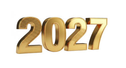 Golden 3d render of the year 2027, isolated on transparent background
