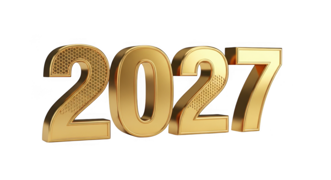 Golden 3d render of the year 2027, isolated on transparent background