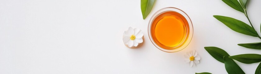 Golden Liquid in Glass Bowl with Floral Decor, Fresh Leaf, minimal ,natural
