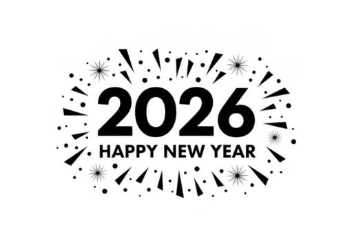 Happy new year 2026 text with festive fireworks and confetti, isolated on transparent background