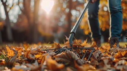 Obraz premium Person raking fallen autumn leaves in a park