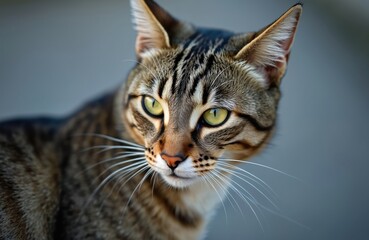 Fototapeta premium Close up portrait of brown tabby cat with striking bright green eyes. Beautiful feline distinctive striped fur pattern, long white whiskers. Domestic feral animal looks attentively, showing curious,