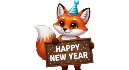 Cute cartoon fox wearing a party hat, holding a wooden sign with happy new year text, isolated on transparent background