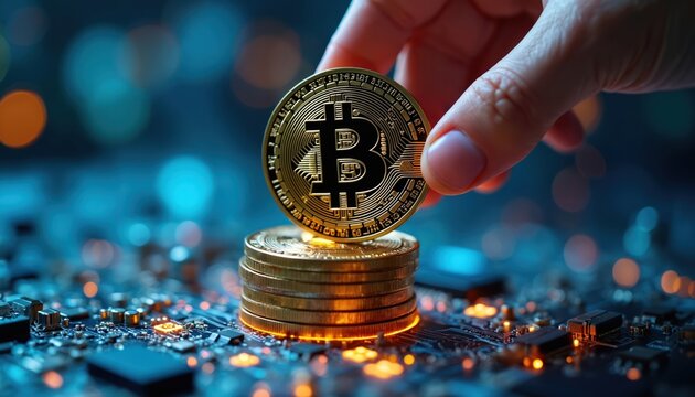 Hand places shining gold Bitcoin coin onto growing stack. Digital crypto currency rests on illuminated circuit board, investment, financial growth. Shows blockchain tech future, global electronic