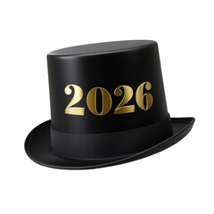 Elegant black new year's eve party top hat with golden 2026 numbers perfect for festive celebrations and party favors on transparent background. 