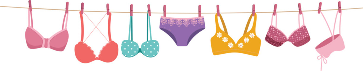 Colorful lingerie and bra collection hanging on clothesline illustration, women underwear set, fashion design, flat vector illustration