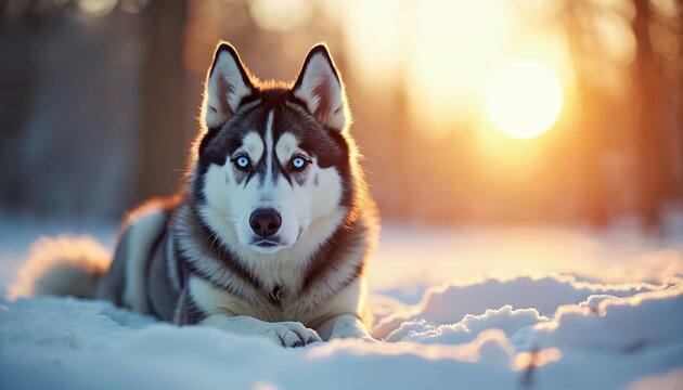 Siberian husky rests in snow. Dog with blue eyes at winter background. Portrait of beautiful pet in cold weather. Cute husky lying outdoors with sunset.