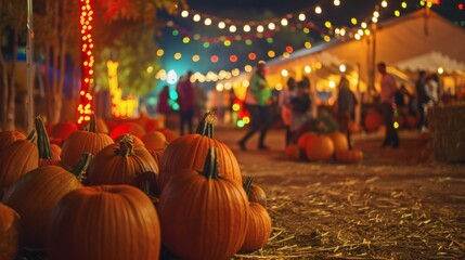 Pumpkins at a fall festival at night