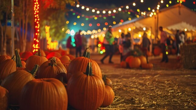 Pumpkins at a fall festival at night