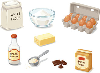 Essential Baking Ingredients Collection with Flour, Eggs, Butter, Chocolate, and Baking Powder – Kitchen Cooking Elements for Recipe Preparation and Culinary Design Projects