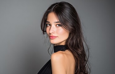 Fototapeta premium Young Woman Posing Gracefully Against a Gray Background in Casual Elegance