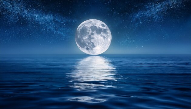 a serene night scene with a full moon reflecting on calm ocean waters creating a tranquil and peaceful atmosphere