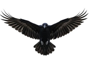 Majestic black raven flying isolated PNG on transparent background, dark bird with outstretched...