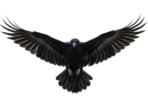 Majestic black raven flying isolated PNG on transparent background, dark bird with outstretched wings for Halloween and gothic themes