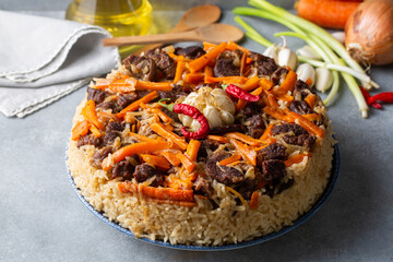 Homemade Uzbek pilaf or plov