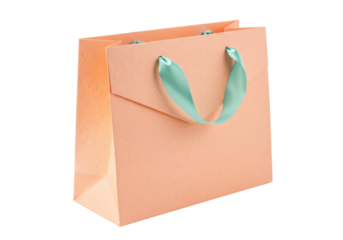 Peach-colored gift bag with light green ribbon handles isolated PNG, elegant packaging for presents and special occasions