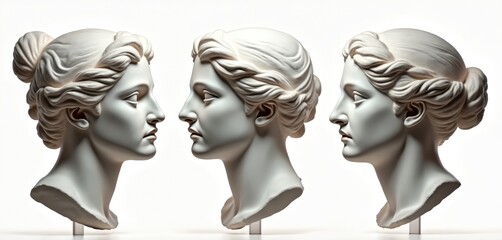 Three white gypsum bust sculptures of Venus heads face each other. Classic art figures isolated on plain background. Ancient beauty forms display elegant hairstyles and facial profiles.