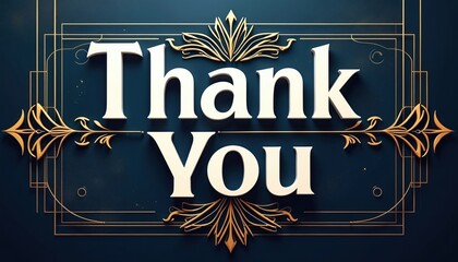 Elegant art deco style illustration displaying Thank Text in gold lettering on dark blue background. Decorative borders, flourishes add vintage appeal. Suitable for gratitude messages corporate