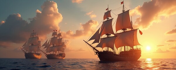 Historical sail ships sail on ocean during sunset. Old fleet travel in sea. Maritime journey on sailing boat under sky. Naval adventure background for stock graphic asset.