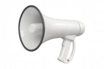 White megaphone amplifying voice and message, communicating protest, announcement, spreading news and public opinion