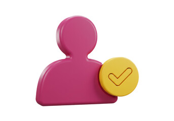 Magenta user icon with yellow check mark isolated PNG, 3D render of profile symbol for verified account and social media