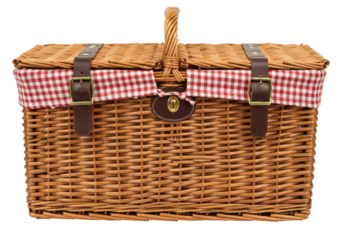 Wicker picnic basket with red and white checkered lining isolated on transparent background, traditional container for outdoor dining