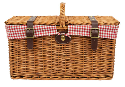 Wicker picnic basket with red and white checkered lining isolated on transparent background, traditional container for outdoor dining