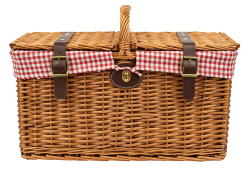 Wicker picnic basket with red and white checkered lining isolated on transparent background, traditional container for outdoor dining