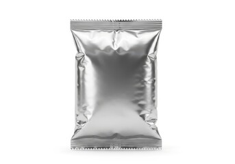 A shiny, silver, metallic foil packet stands upright on a white background