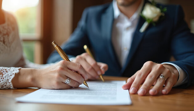 Newlywed couple signs marriage certificate on wedding day. Bride and groom put signature on legal paper. Spouses with rings register relationship, signing prenuptial agreement contract.