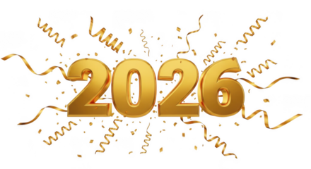 Golden 3d numbers spelling out the year 2026 with confetti and streamers, isolated on a transparent background
