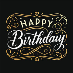 Luxury Happy Birthday Calligraphy on Black Background with Gold Swirls