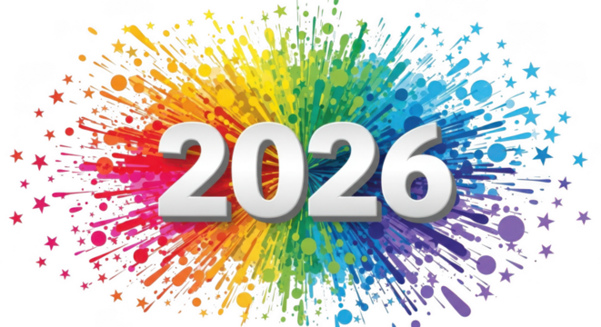 The year 2026 depicted with a dynamic rainbow explosion of color powder and star shapes isolated on transparent background - Powered by Adobe