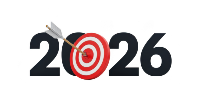 The year 2026 represented by bold black numbers with a target and arrow hitting the bullseye isolated on transparent background