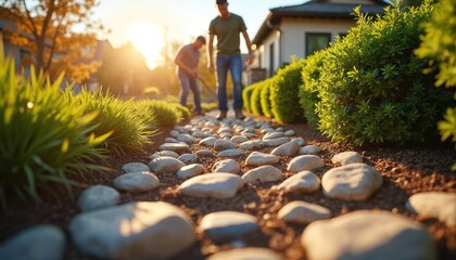 Two men work on landscaping in yard. Workers lay stone path in garden on sunlight. Landscapers design outdoor space with rocks and green bushes at house. Home improvement.