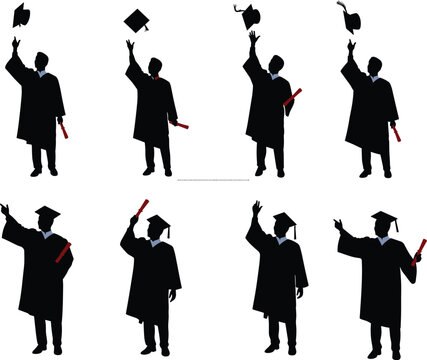 Silhouette vector illustration of graduates celebrating achievement by throwing caps in the air, holding diplomas, wearing academic gowns, graduation ceremony and education success concept