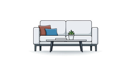 Modern Minimalist White Sofa with Coffee Table and Pillows.