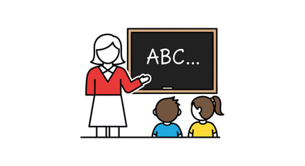 Teacher instructing young students at a blackboard with ABCs.