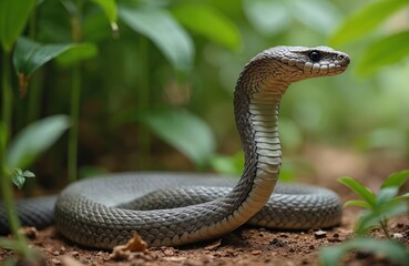 Fototapeta premium King cobra snake sits coiled on forest ground. Head raised high among green jungle plants. Powerful wild reptile looks alert, watching natural habitat carefully. Dangerous scales glint in sunlight,