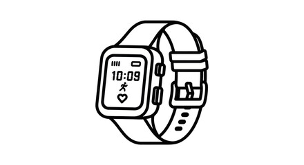 A minimalist line drawing of a modern smartwatch displaying time and fitness icons.