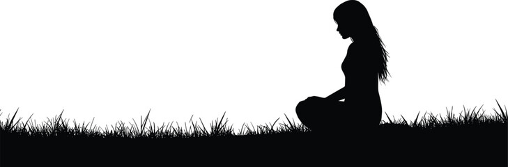Person meditating on grass silhouette cartoon illustration, symbolic mindfulness and expressive gesture artwork for lifestyle and emotional design