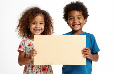 Two happy kids smile holding empty banner. Young girl in dress and boy in blue tshirt show blank poster mockup in hands. Children present space for custom message or text.