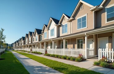 Obraz premium Row of modern townhouses on a residential street in a suburban neighborhood. New homes with beige siding white picket fences and green lawns. Sidewalk leads through the quiet community.