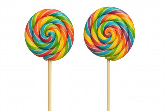 Rainbow swirl lollipops on stick, vibrant striped sweets, sugary candy treat, isolated on transparent background