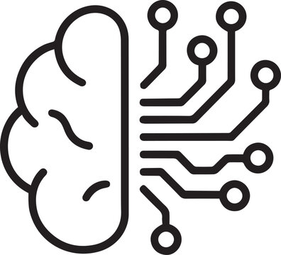 Minimal vector line icon of an artificial intelligence brain made of electronic circuits, futuristic tech design, isolated on white background