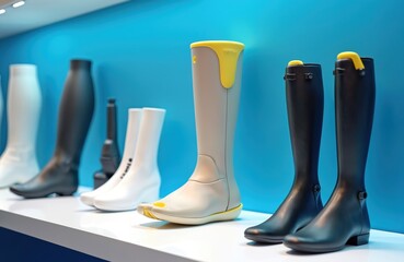 Prosthetic legs on display, various designs and colors. Artificial limbs for exhibition. Modern technology for people with disabilities. Different types of prosthetic feet and boots.