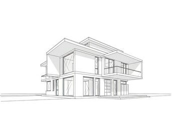 Architectural line drawing of a modern twostory house with large windows and balconies